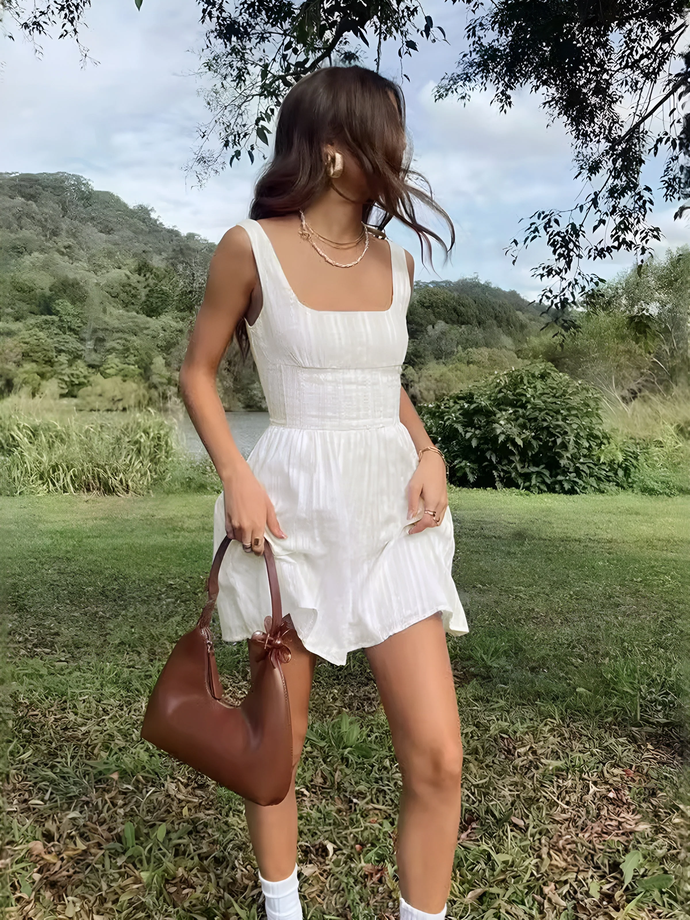 Cotton Blend Solid Square Neckline Short Dress - Image 2