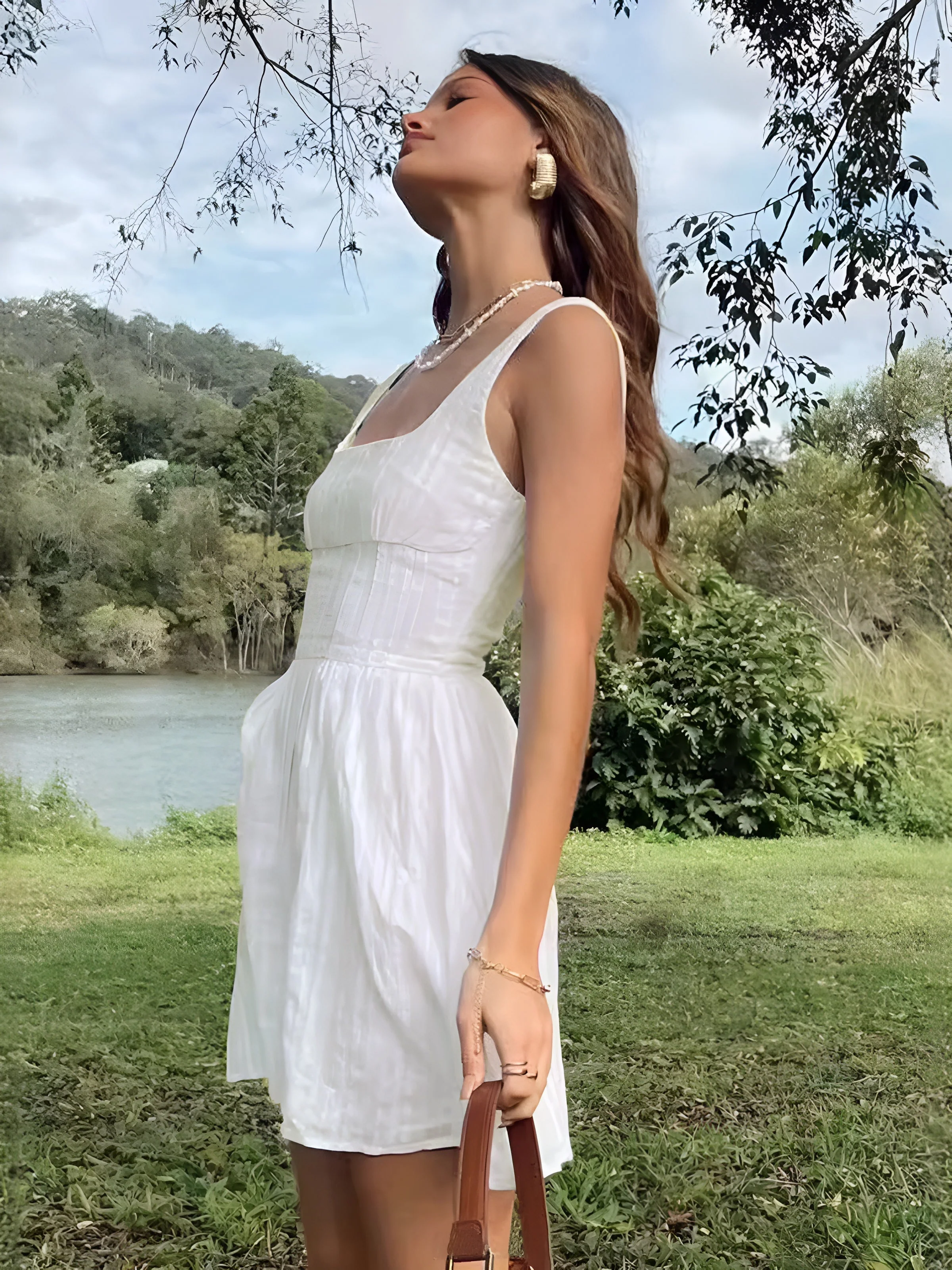 Cotton Blend Solid Square Neckline Short Dress - Image 3