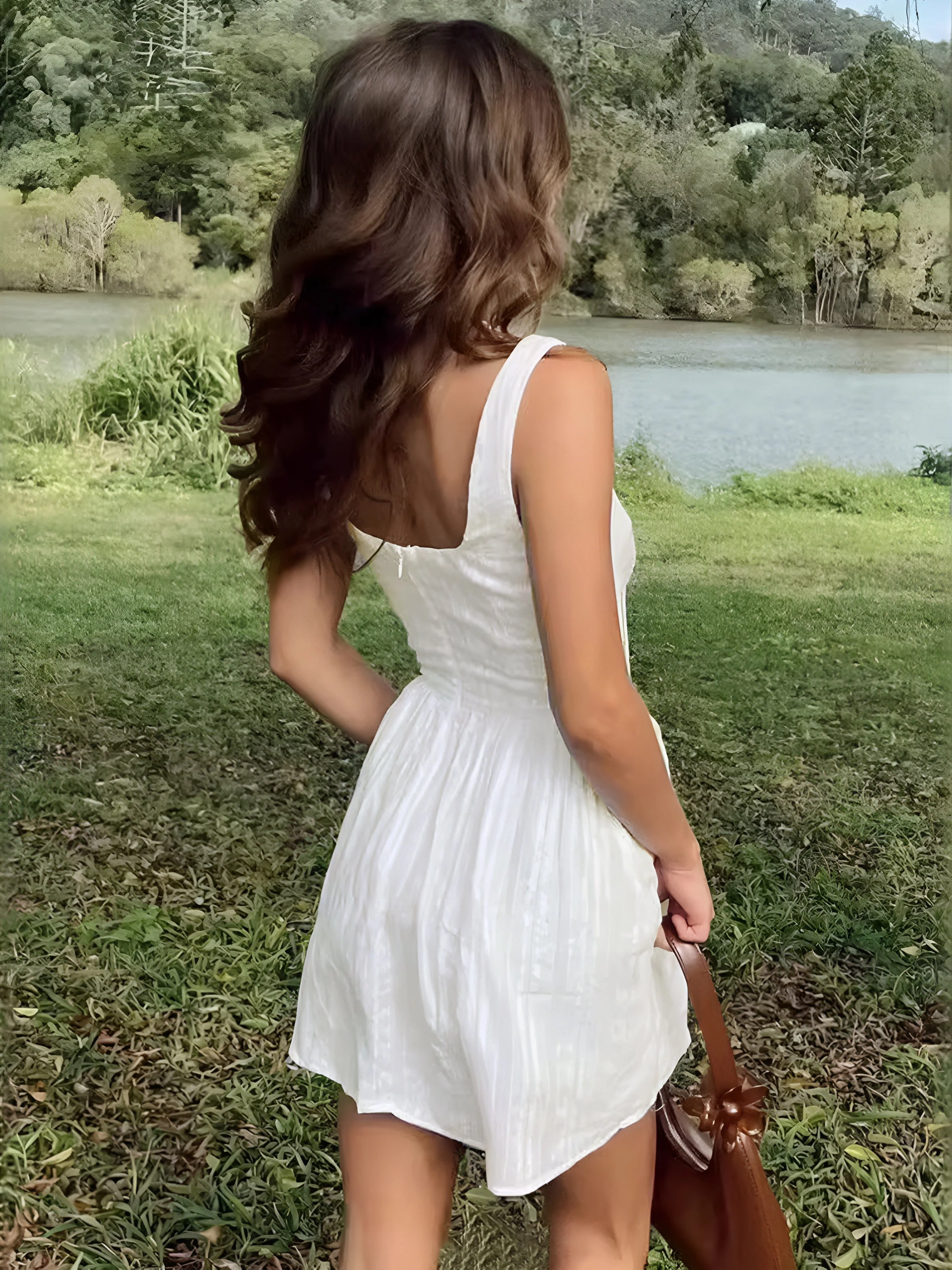 Cotton Blend Solid Square Neckline Short Dress - Image 4