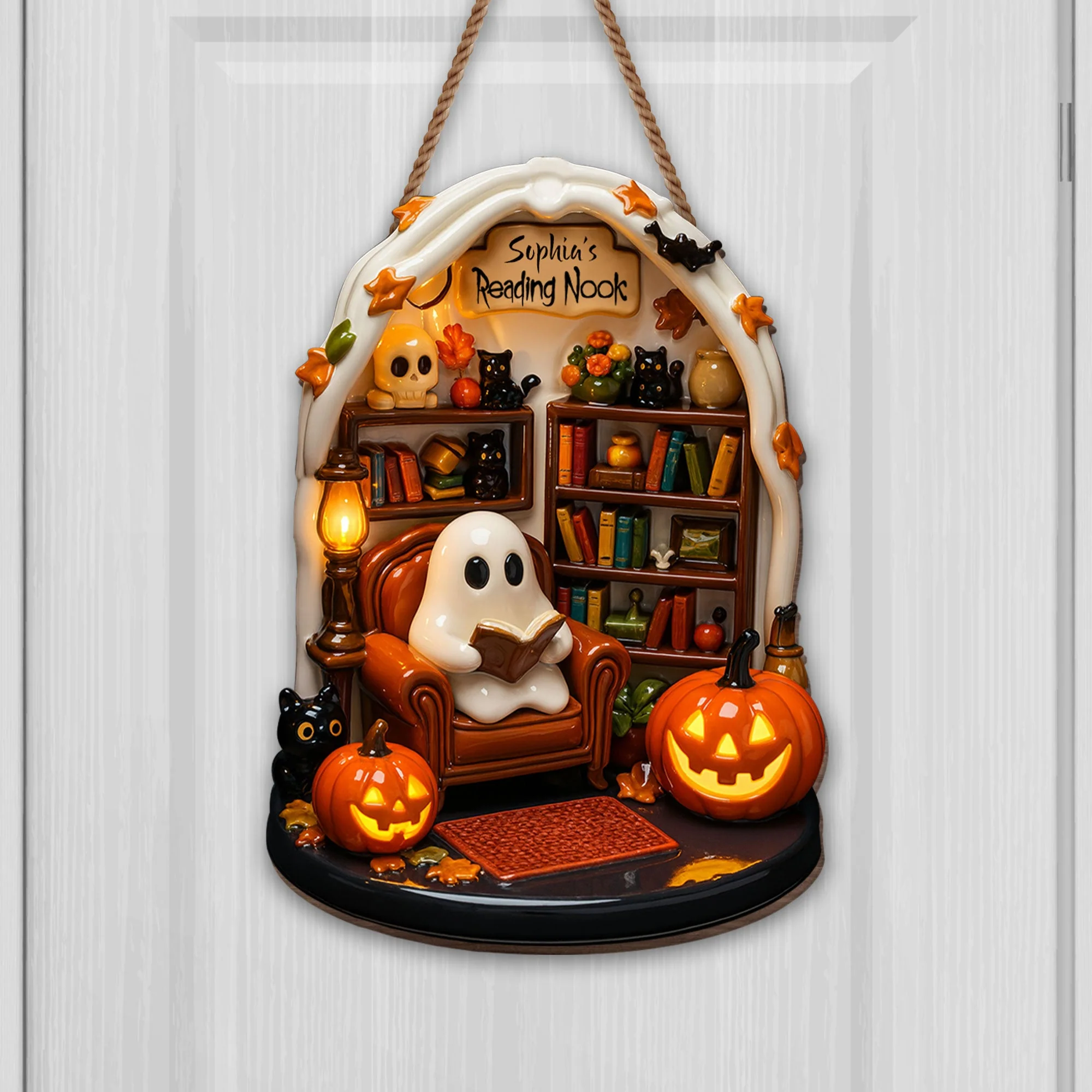 Sophia's Reading Nook With Ghost, Pumpkins, And Books - Personalized Custom Shaped Wood Sign - Image 2