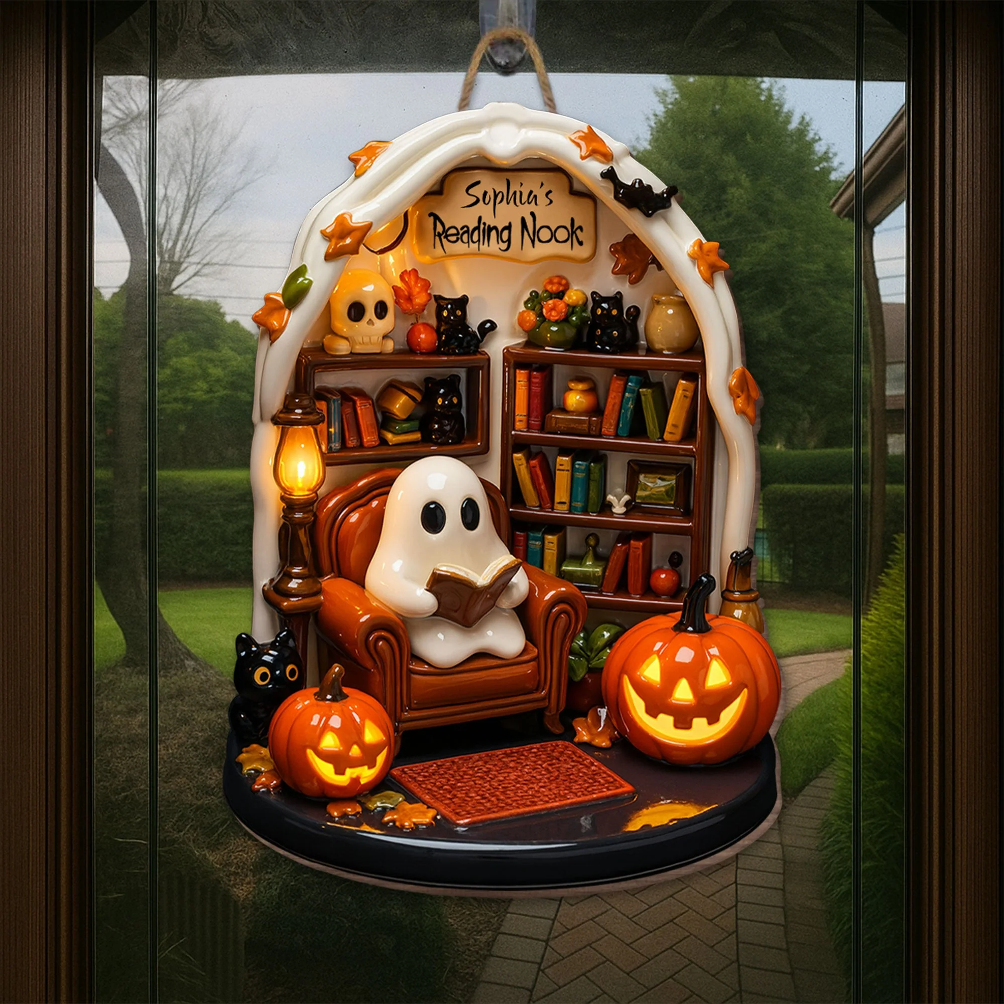 Sophia's Reading Nook With Ghost, Pumpkins, And Books - Personalized Custom Shaped Wood Sign - Image 3