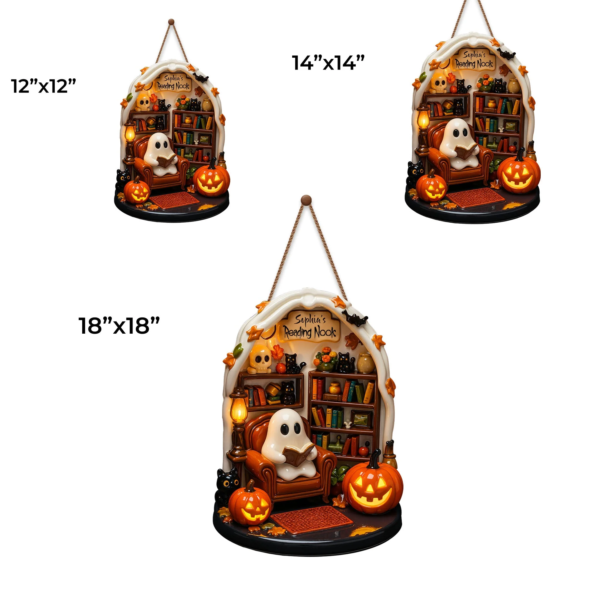 Sophia's Reading Nook With Ghost, Pumpkins, And Books - Personalized Custom Shaped Wood Sign - Image 4