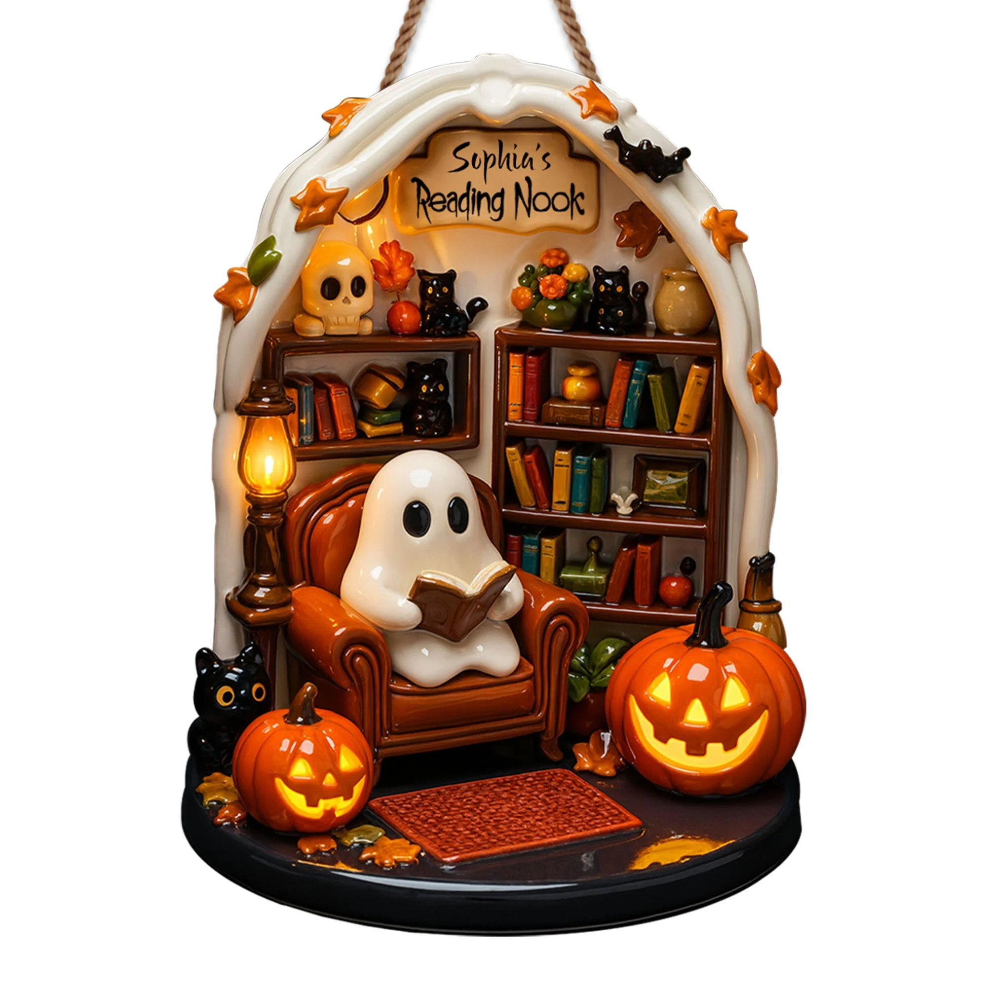Sophia's Reading Nook With Ghost, Pumpkins, And Books - Personalized Custom Shaped Wood Sign - Image 5
