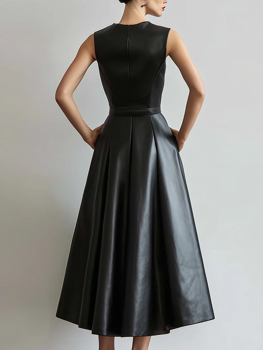 Sophisticated Faux Leather Black Midi Dress With Belted Waist - Image 2