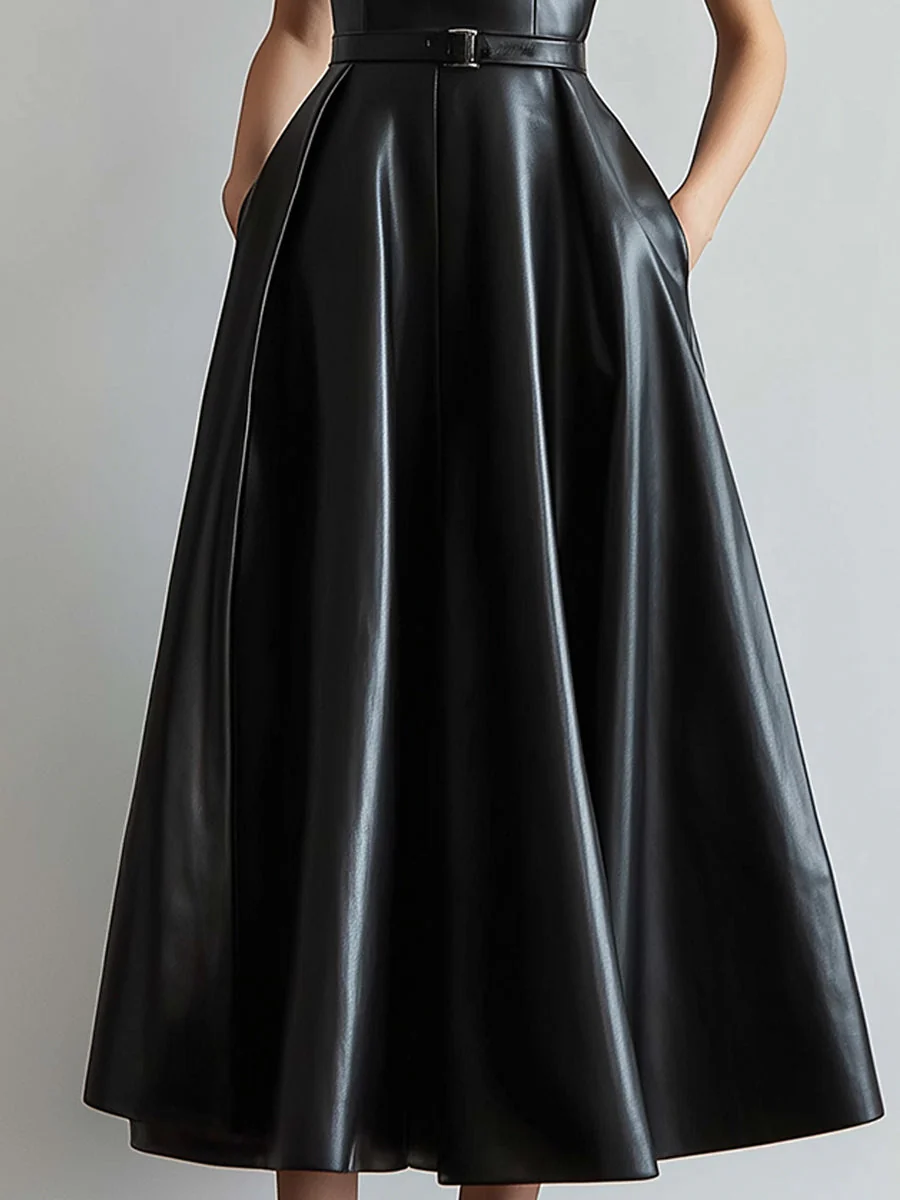 Sophisticated Faux Leather Black Midi Dress With Belted Waist - Image 4