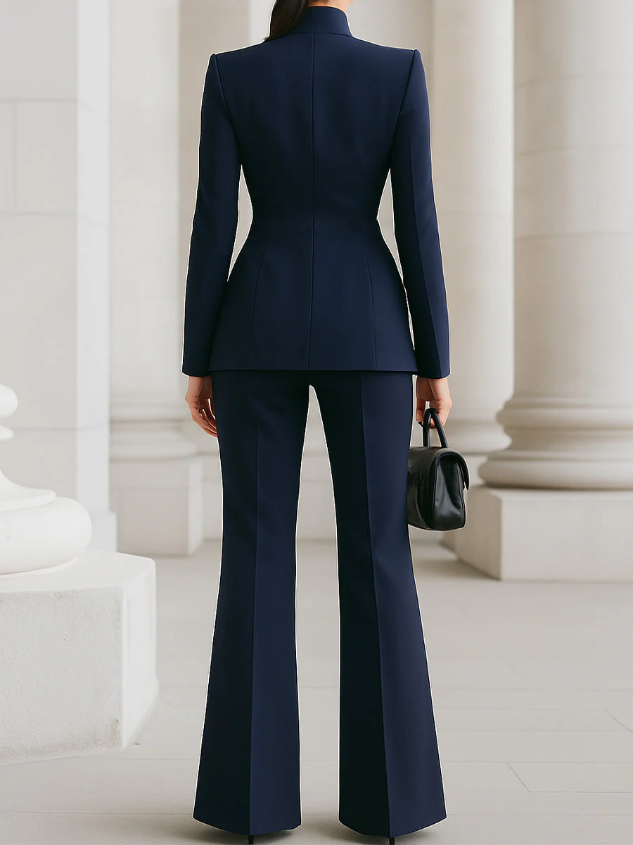 Sophisticated High-Collar Blazer & Wide-Leg Trousers Set - Image 4