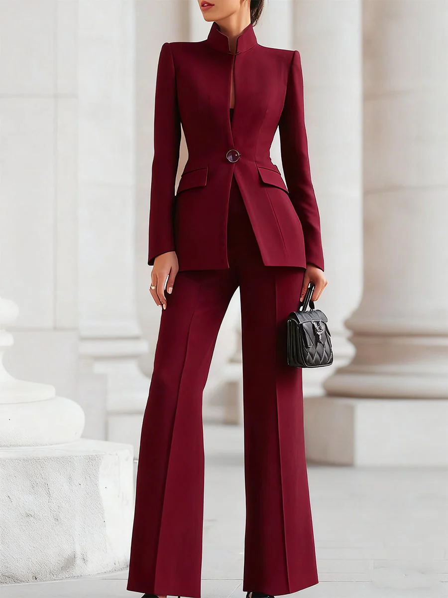 Sophisticated High-Collar Blazer & Wide-Leg Trousers Set - Image 7