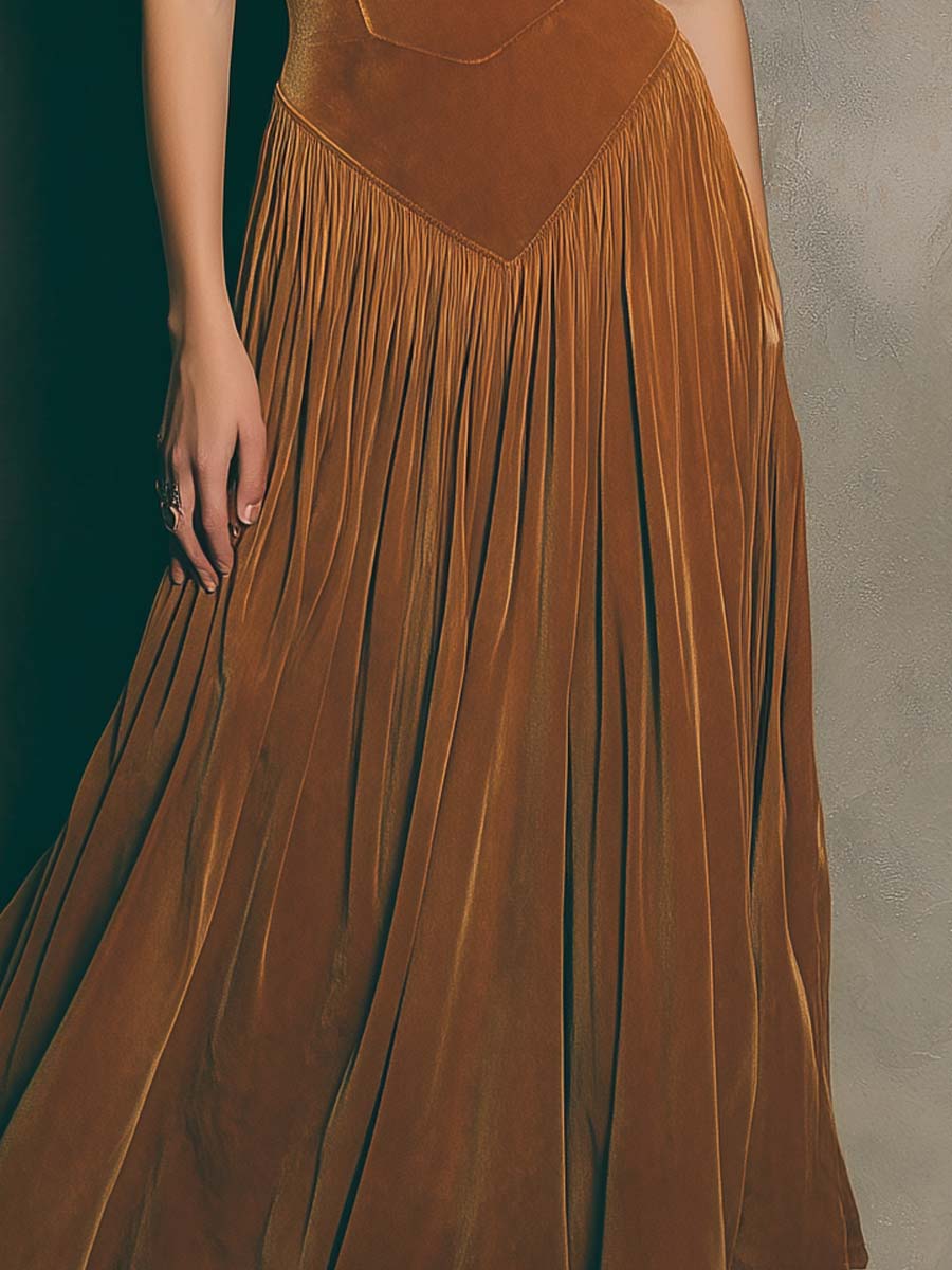 Spaghetti Strap Vintage Caramel Swan Maxi Dress - Image 3