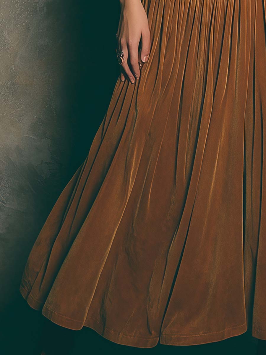Spaghetti Strap Vintage Caramel Swan Maxi Dress - Image 4