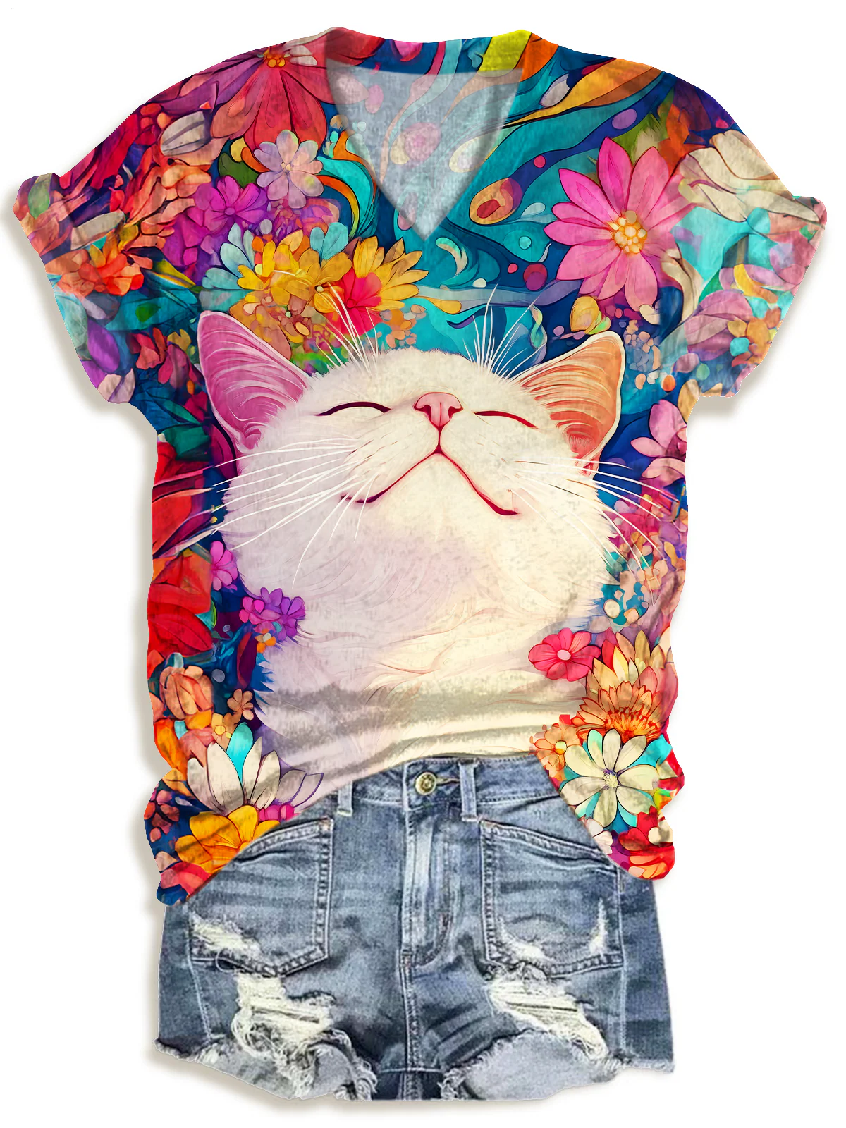 Spring And Summer Flowers Cute Cats V-neck T-Shirt