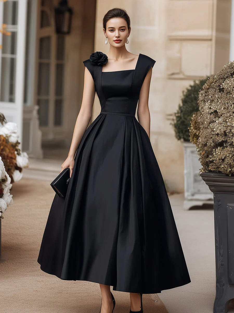 Square Neck Structured Midi Dress With Floral Shoulder Accent - Image 2