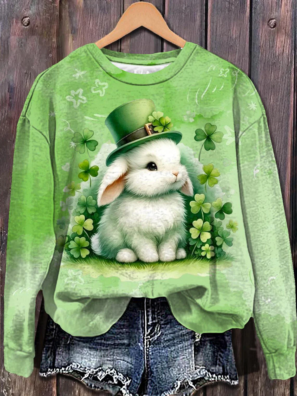 St. Patrick Rabbit Print Long Sleeve Casual Top