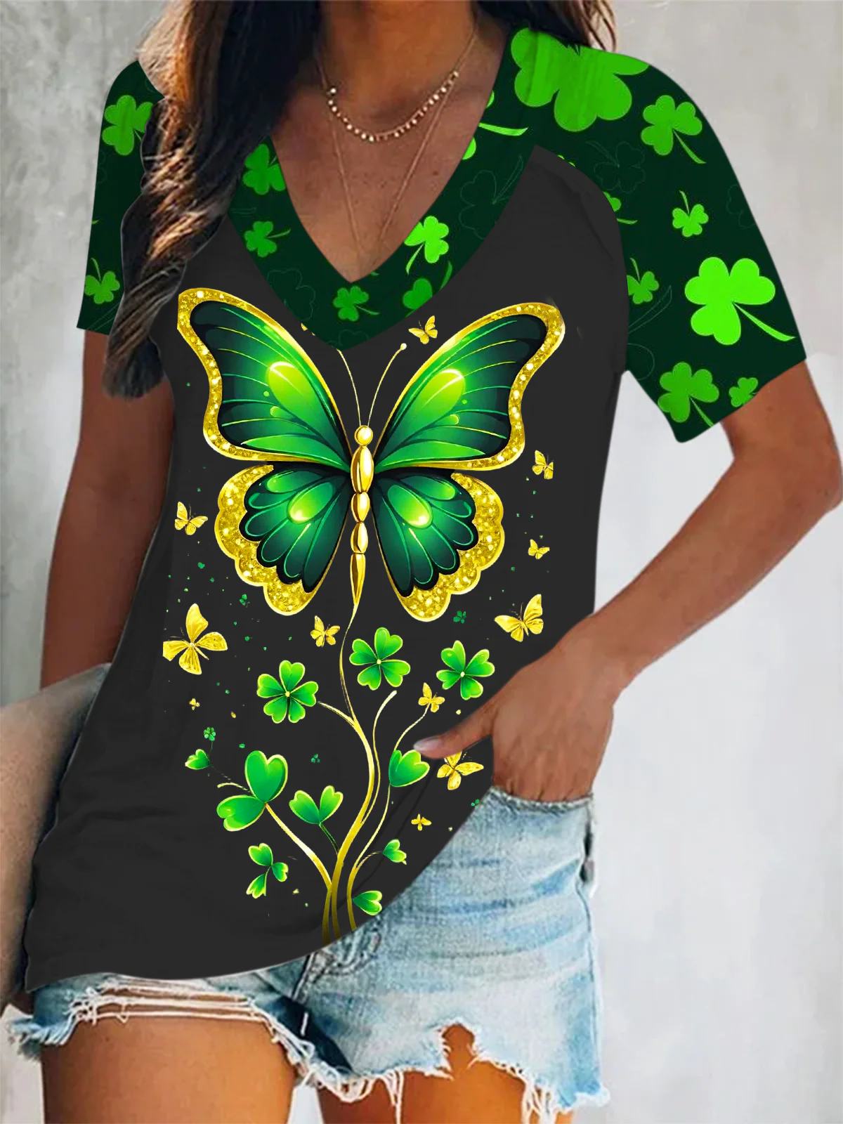 St. Patrick's Day Clover Butterfly Art Short Sleeve V Neck Print Top