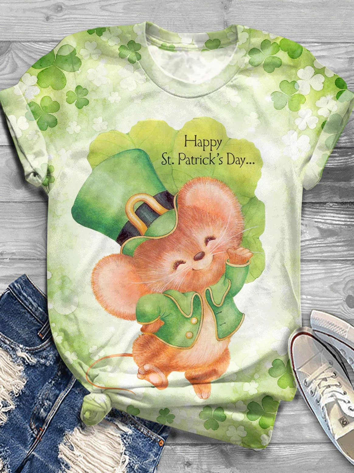 St. Patrick's Day Cute Mouse Crew Neck T-shirt