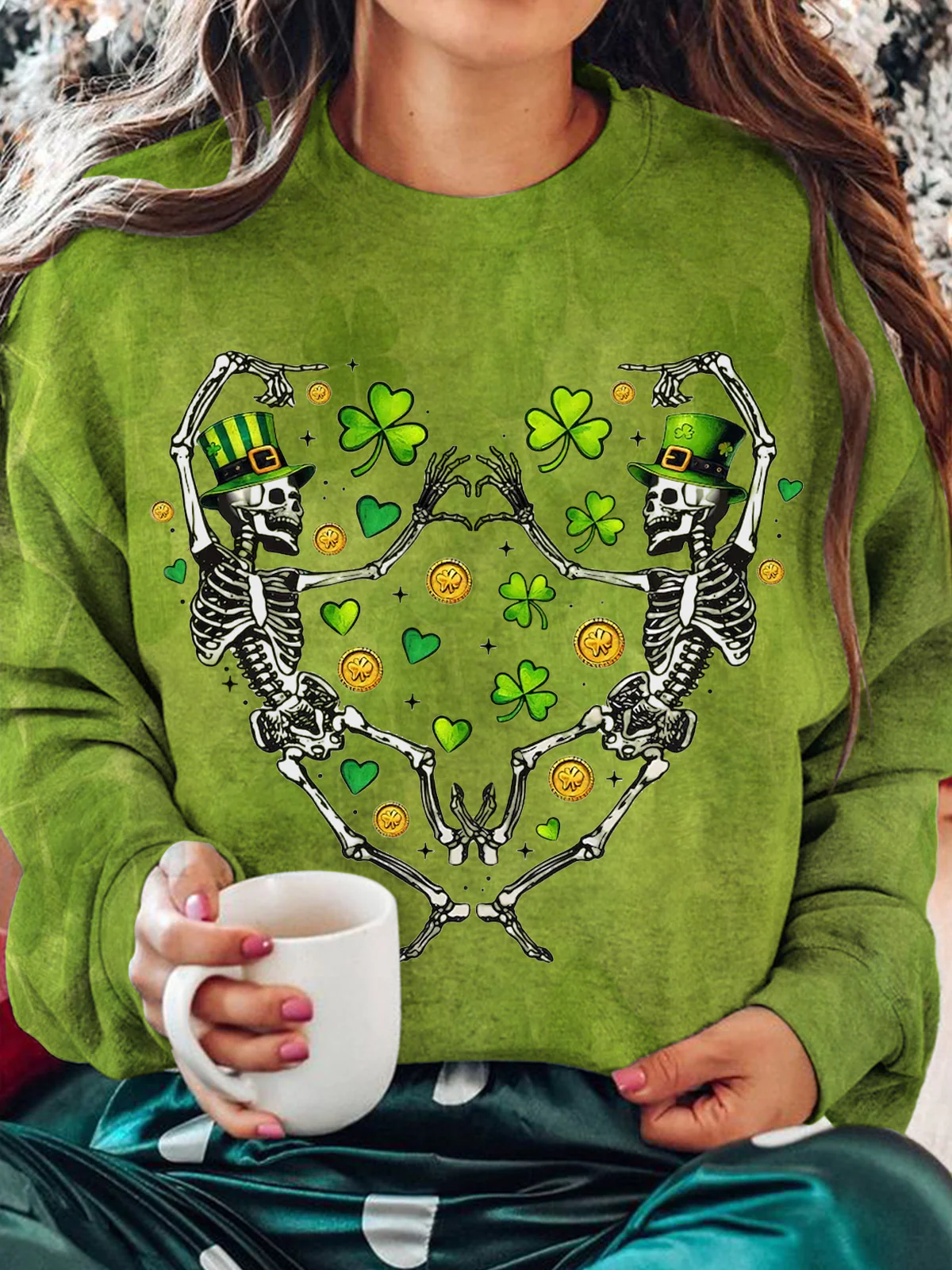 St Patrick's Day Dancing Skeleton Long Sleeve Casual Top