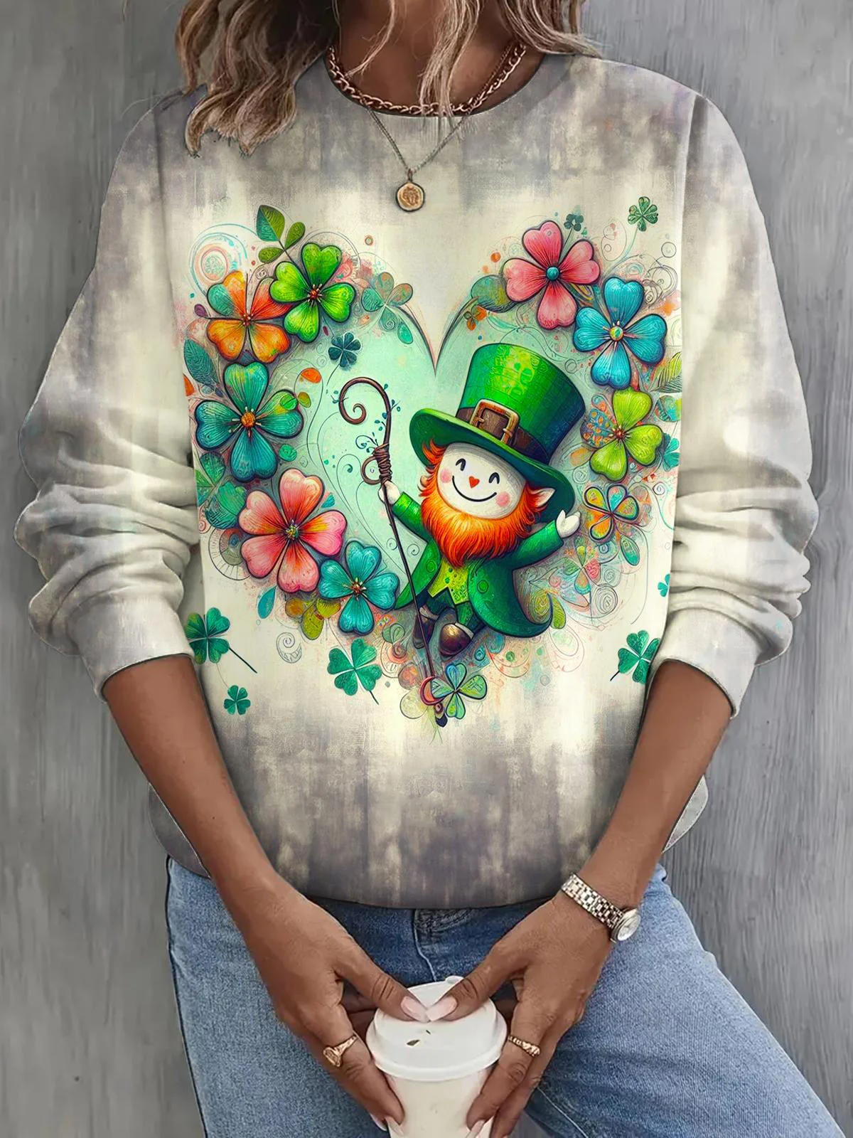 St. Patrick's Day Heart-Shaped Dwarf Long Sleeve Casual Top