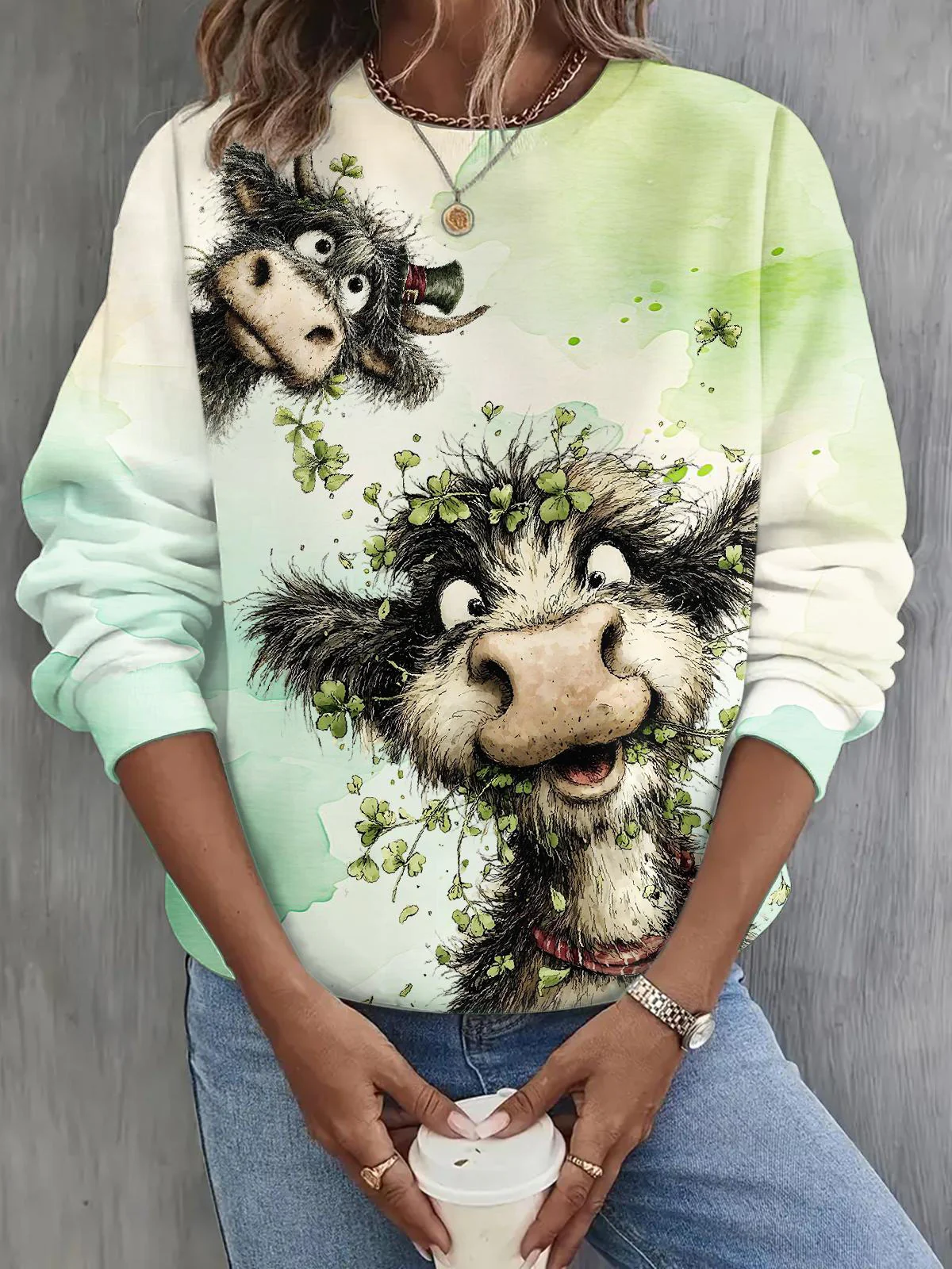 St. Patrick's Day Highland Cattle Long Sleeve Casual Top