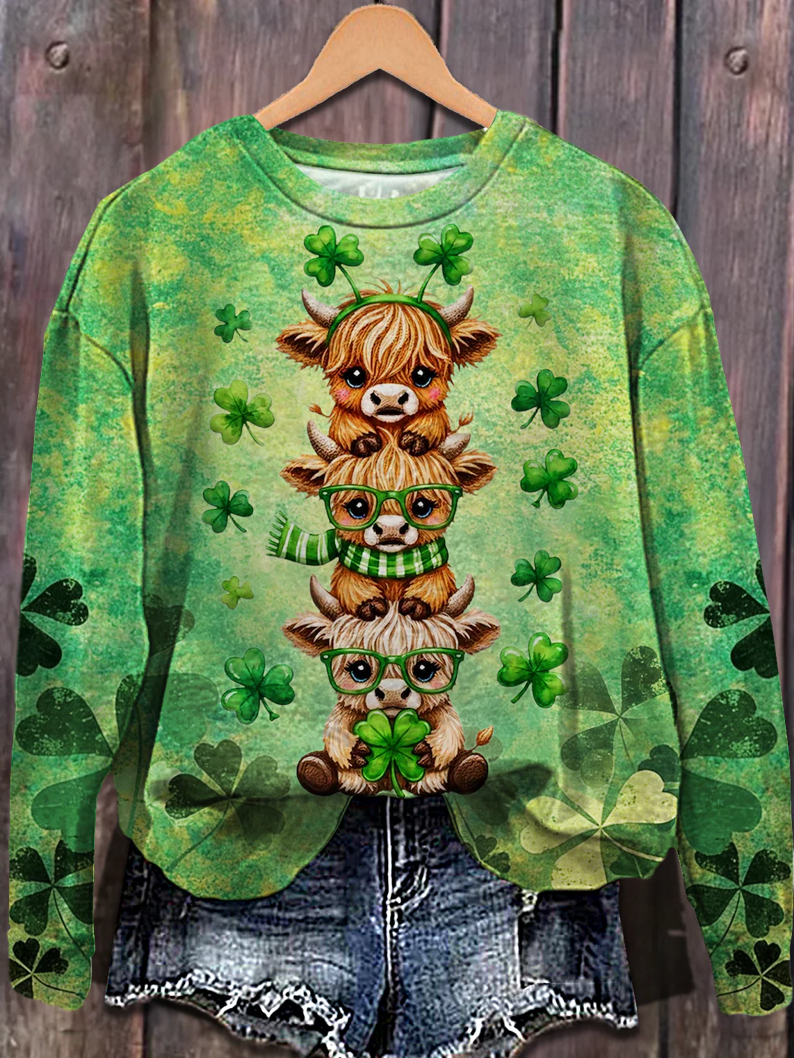 St. Patrick's Day Highland Cow Printed Long Sleeve Casual Top