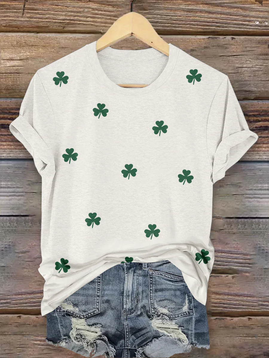 St. Patrick's Day Shamrock Print Crew Neck Short Sleeve T-Shir - Image 2