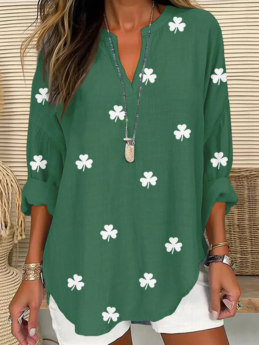 St. Patrick's Day Shamrock Print V-Neck Cotton and Linen Top