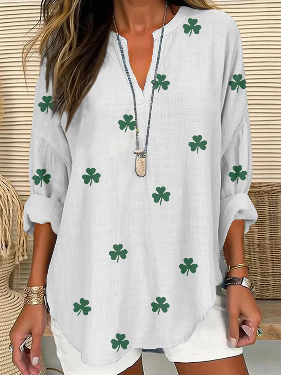 St. Patrick's Day Shamrock Print V-Neck Cotton and Linen Top - Image 2