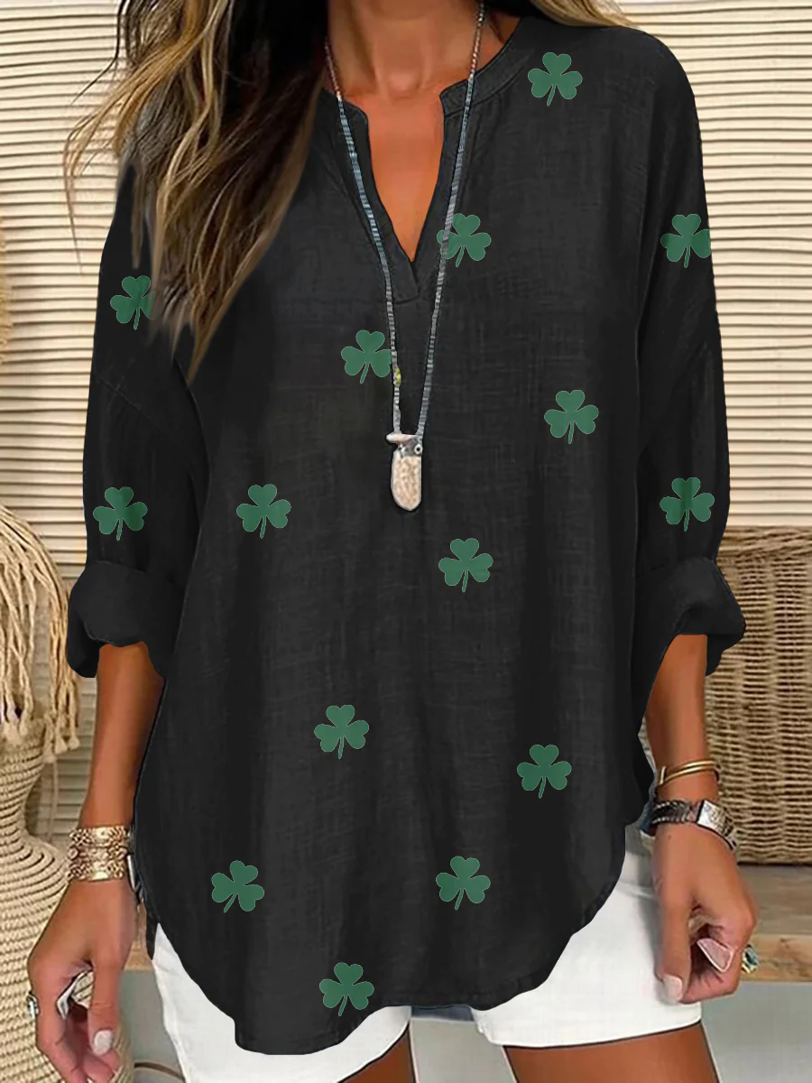 St. Patrick's Day Shamrock Print V-Neck Cotton and Linen Top - Image 3
