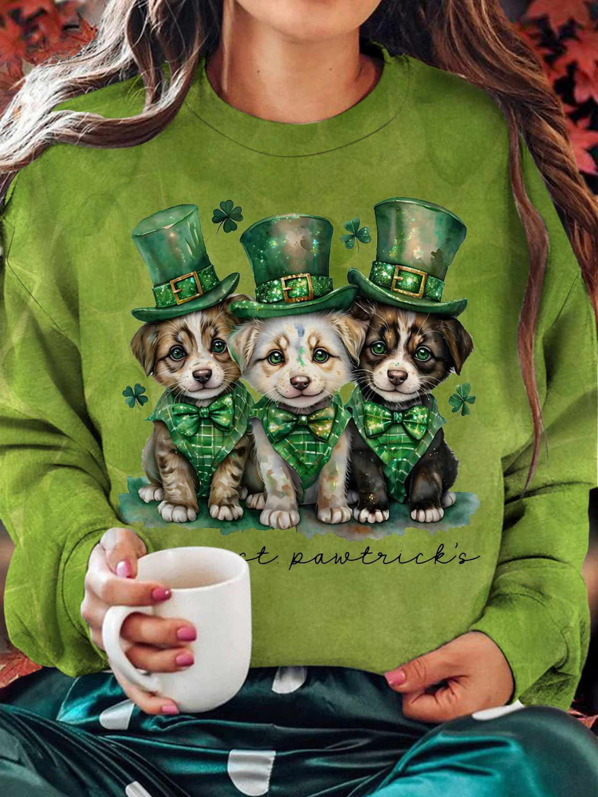 St. Patrick's Dog Printed Long Sleeve Casual Top