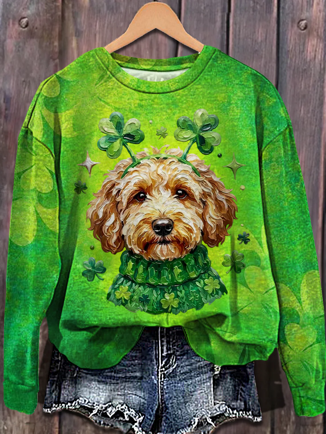 St Patricks Goldendoodle Dog Printed Long Sleeve Casual Top