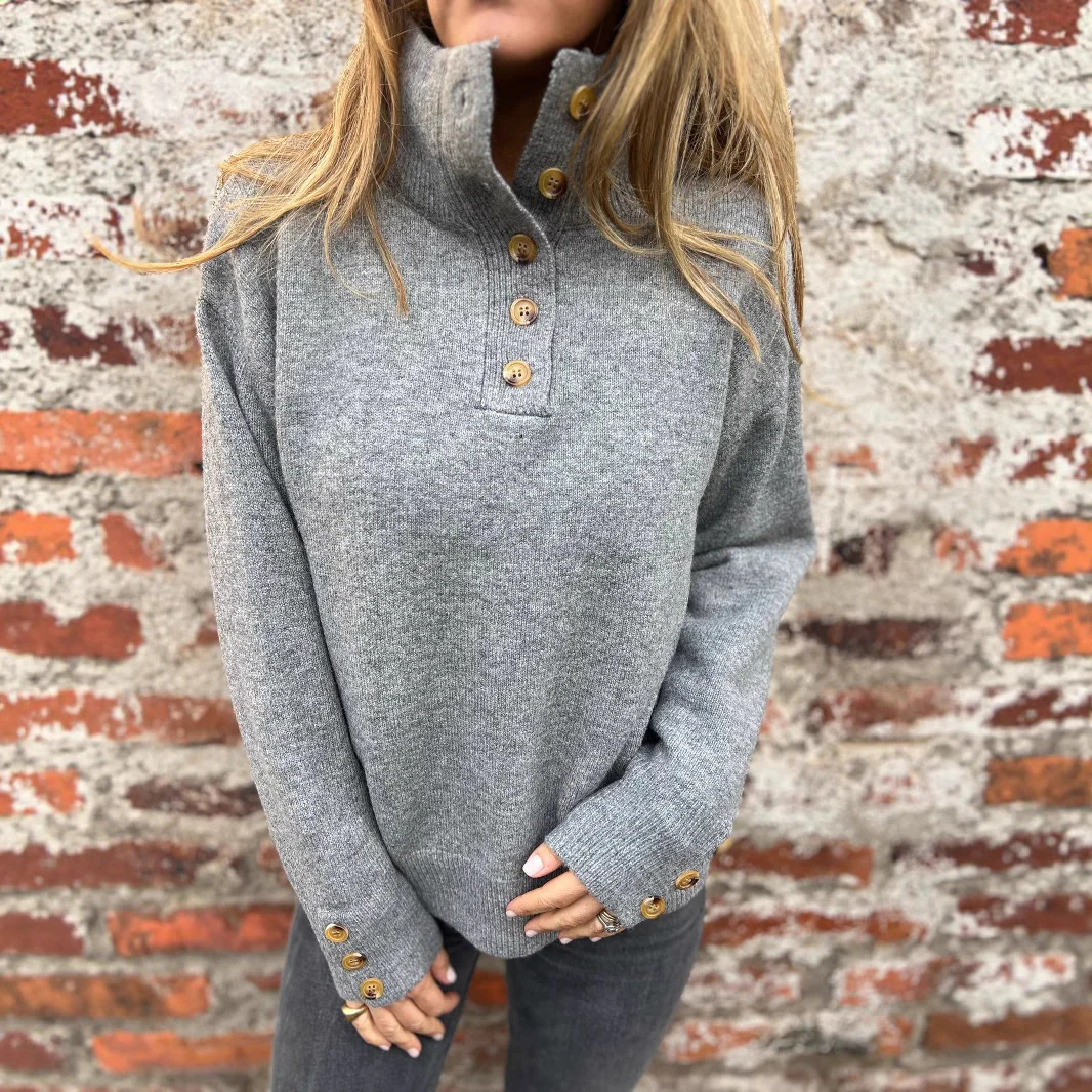Stand Collar Buttons Casual Loose Sweater - Image 3