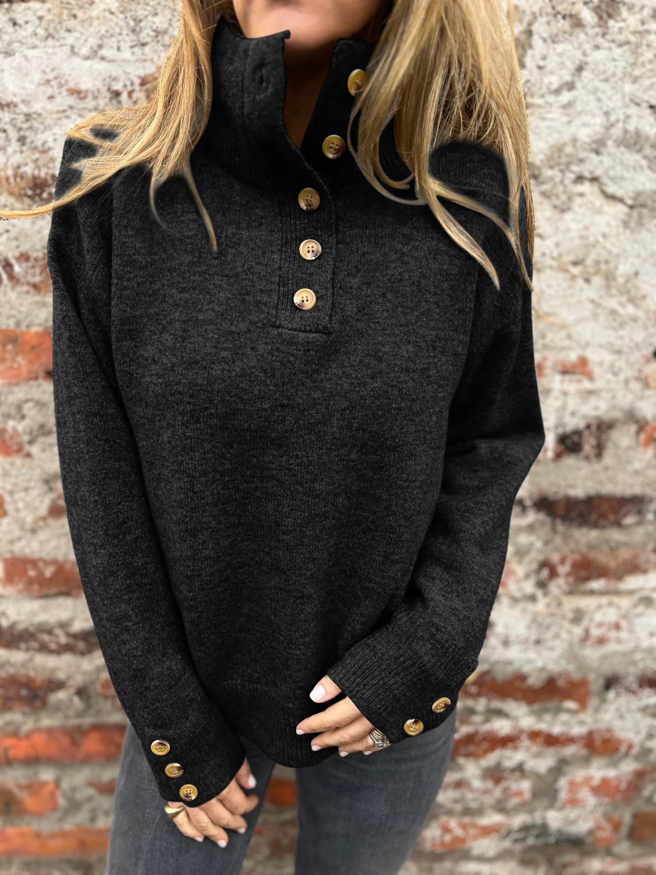 Stand Collar Buttons Casual Loose Sweater - Image 6