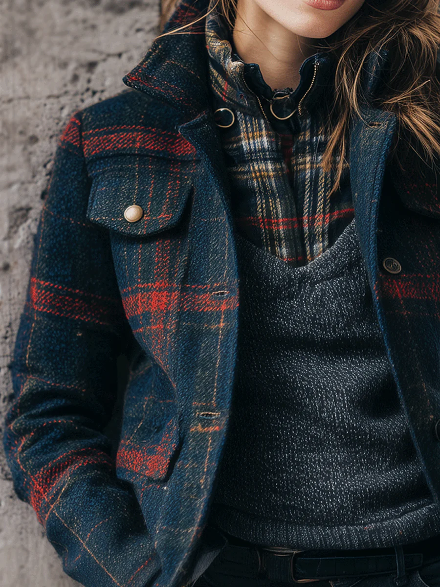 Stylish Navy Plaid Wool Jacket - Image 2