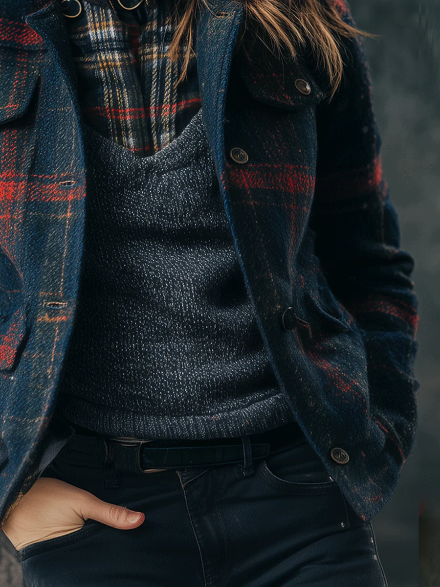 Stylish Navy Plaid Wool Jacket - Image 3