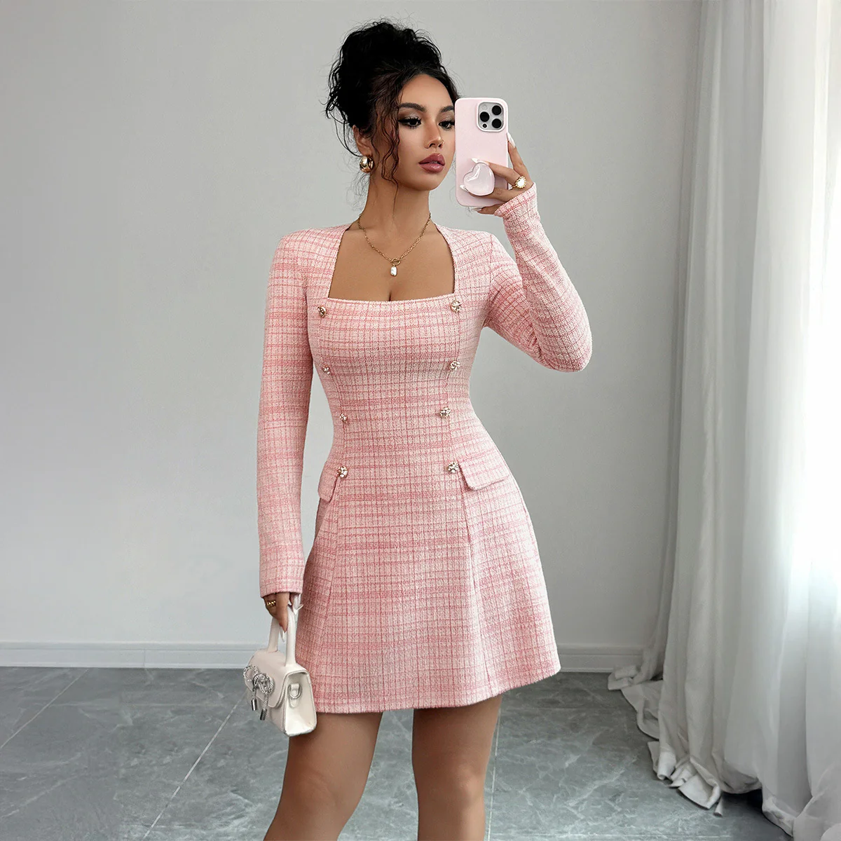 Stylish Plaid Long-sleeved Dress