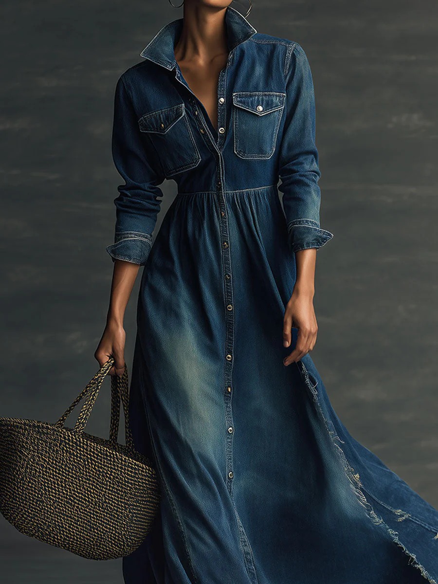 Stylish Stand Collar Washed Raw Hem Maxi Dress - Image 2