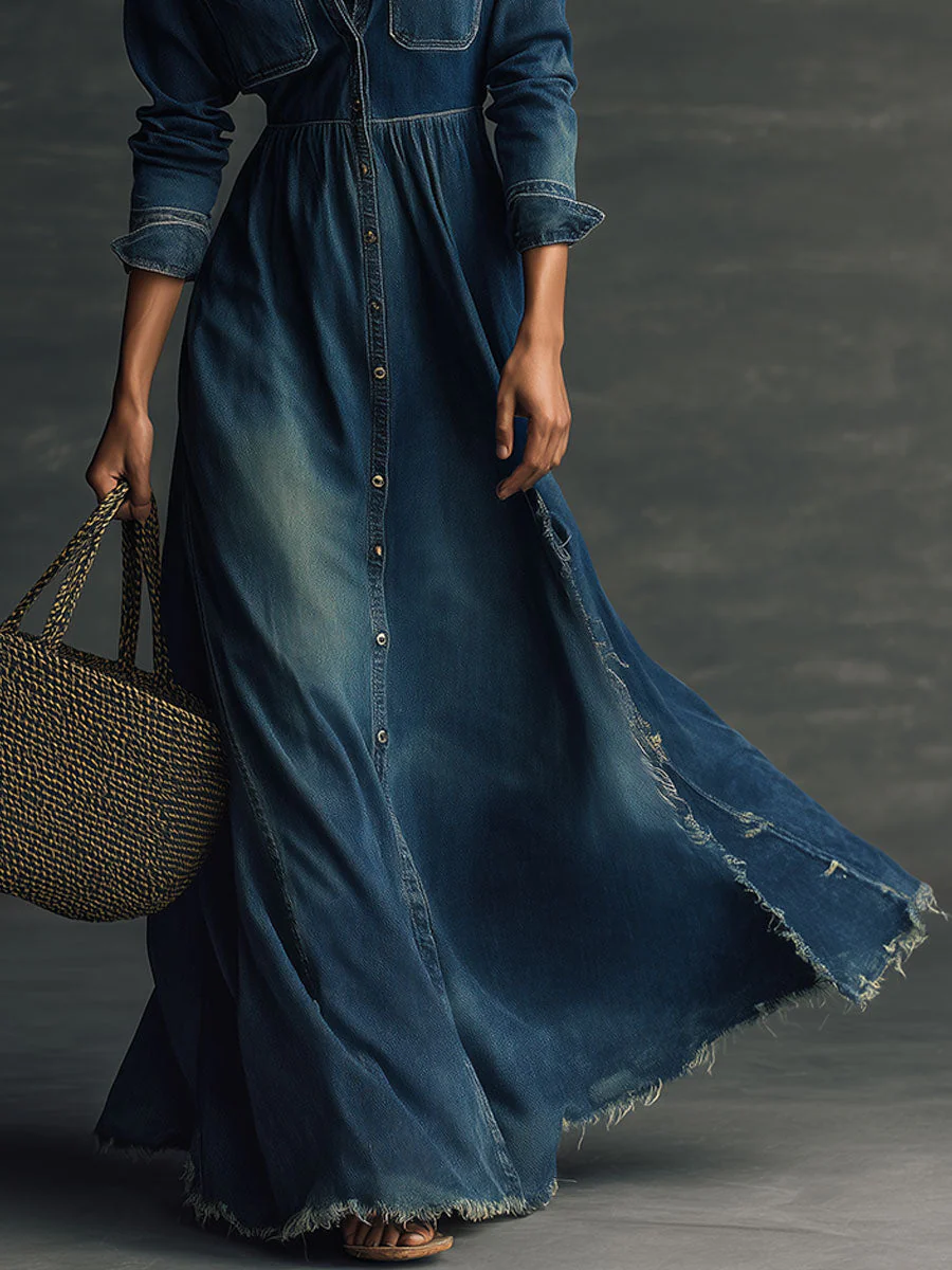 Stylish Stand Collar Washed Raw Hem Maxi Dress - Image 3