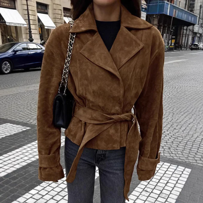 Suede Stomach Blanket Lace-up Coat Women's Vintage Coat - Image 2