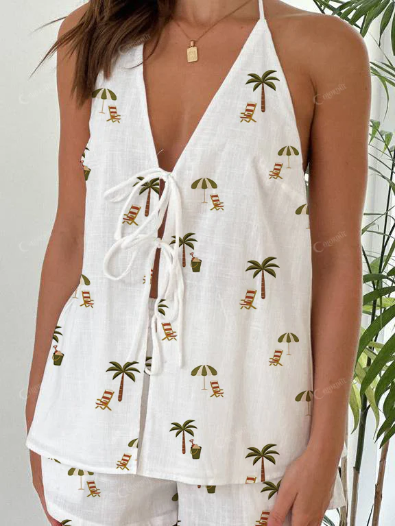 Summer Lounge Chair Print Halter Neck Tie-Up Top And Shorts Suit - Image 3