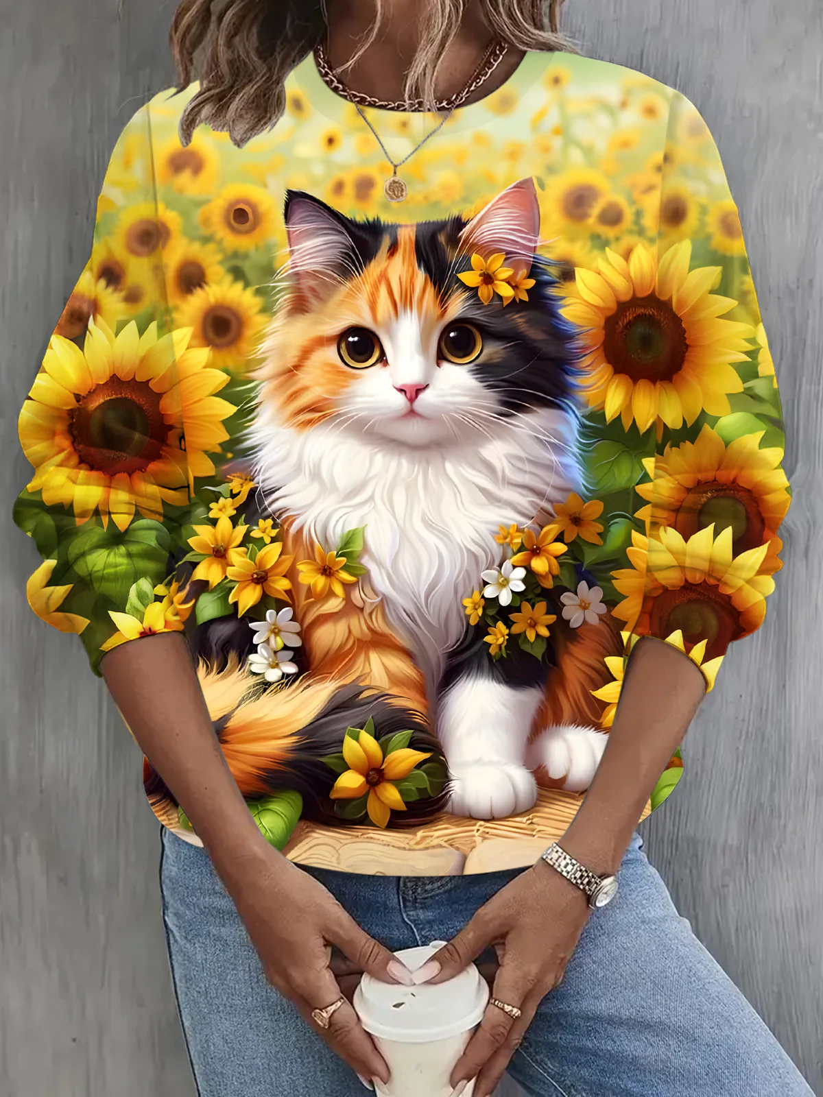 Sunflowers and cats Long Sleeve Casual Top