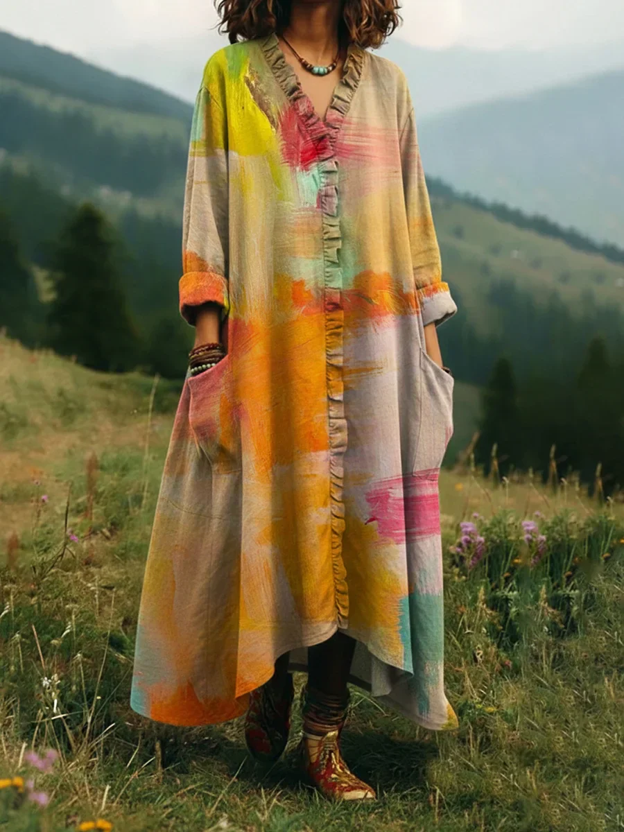 Sunset Orange Color Palette Printed Lace Trim V-neck Dress