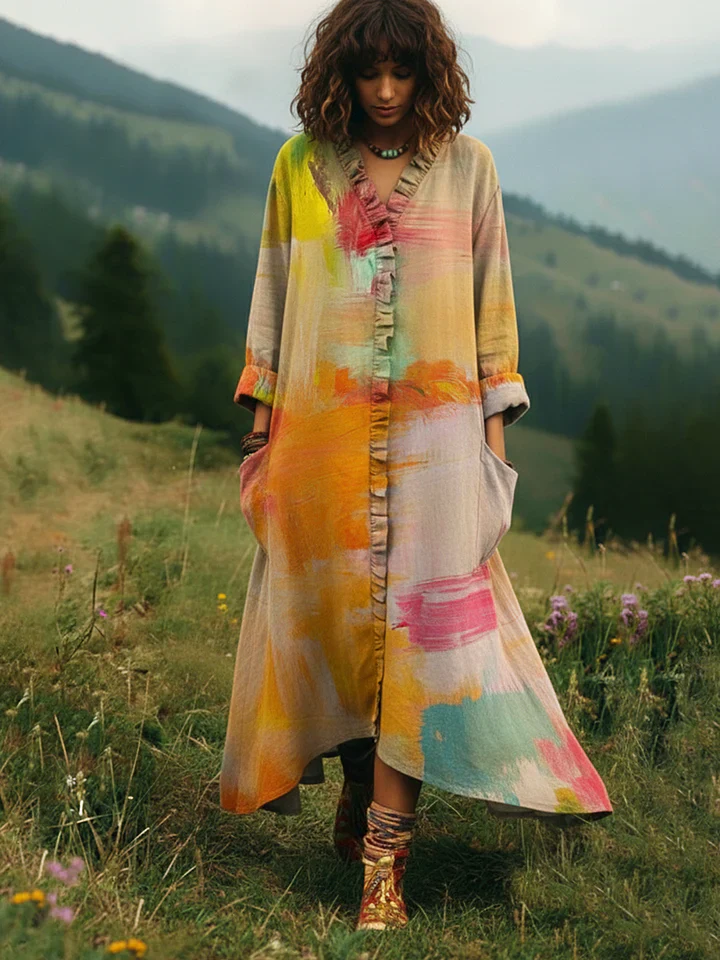 Sunset Orange Color Palette Printed Lace Trim V-neck Dress - Image 2