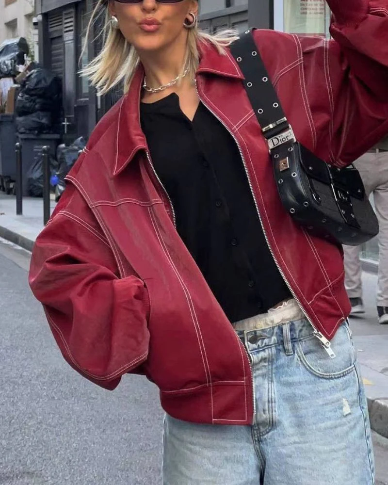 TAYLA - Oversized Stitch Leather Jacket - Image 4