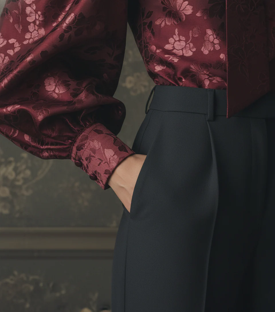 The Crimson Damask Puff-Sleeve Blouse - Image 3