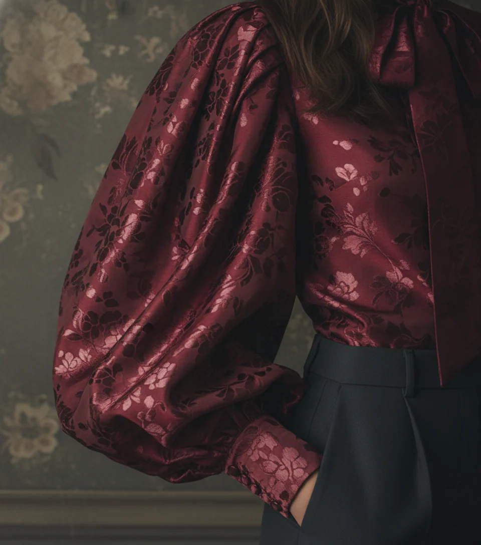 The Crimson Damask Puff-Sleeve Blouse - Image 4