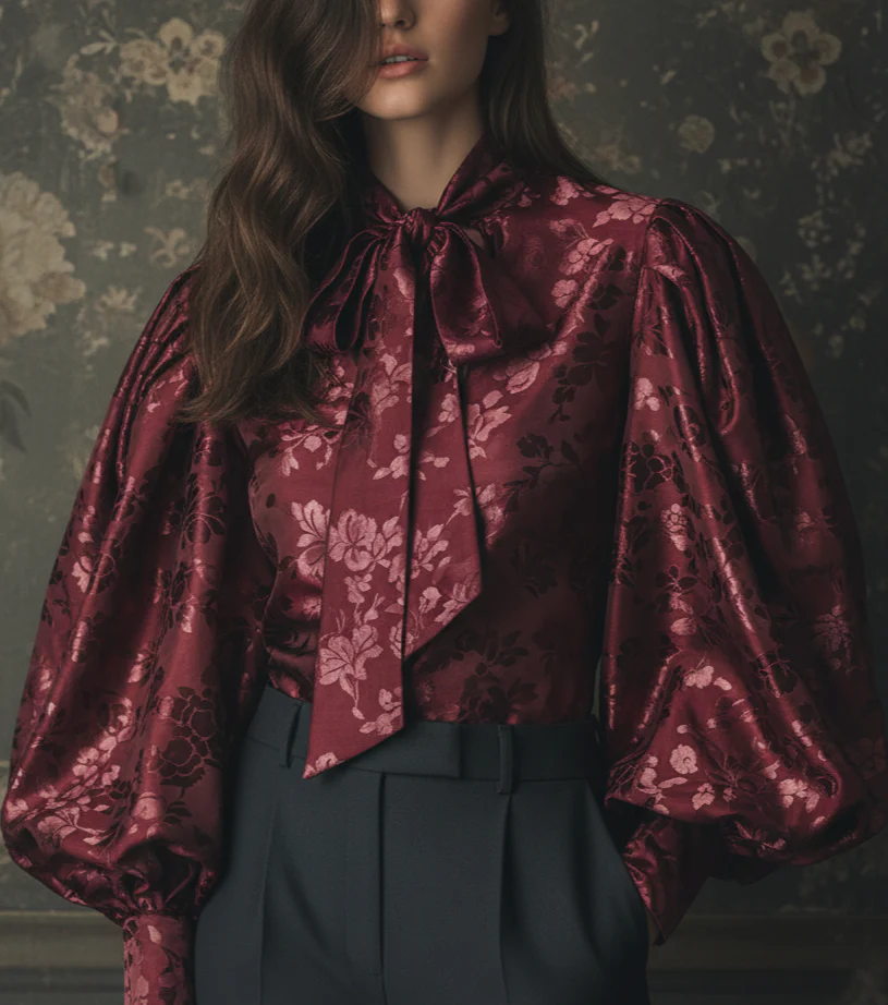 The Crimson Damask Puff-Sleeve Blouse - Image 5