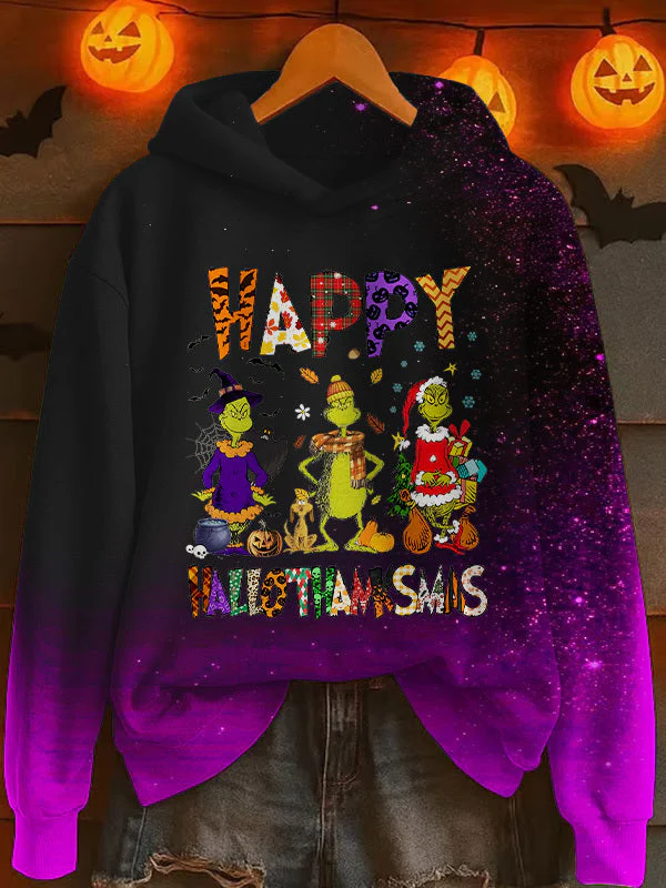 Hallothanksmas Print Long Sleeve Printed Hoodie