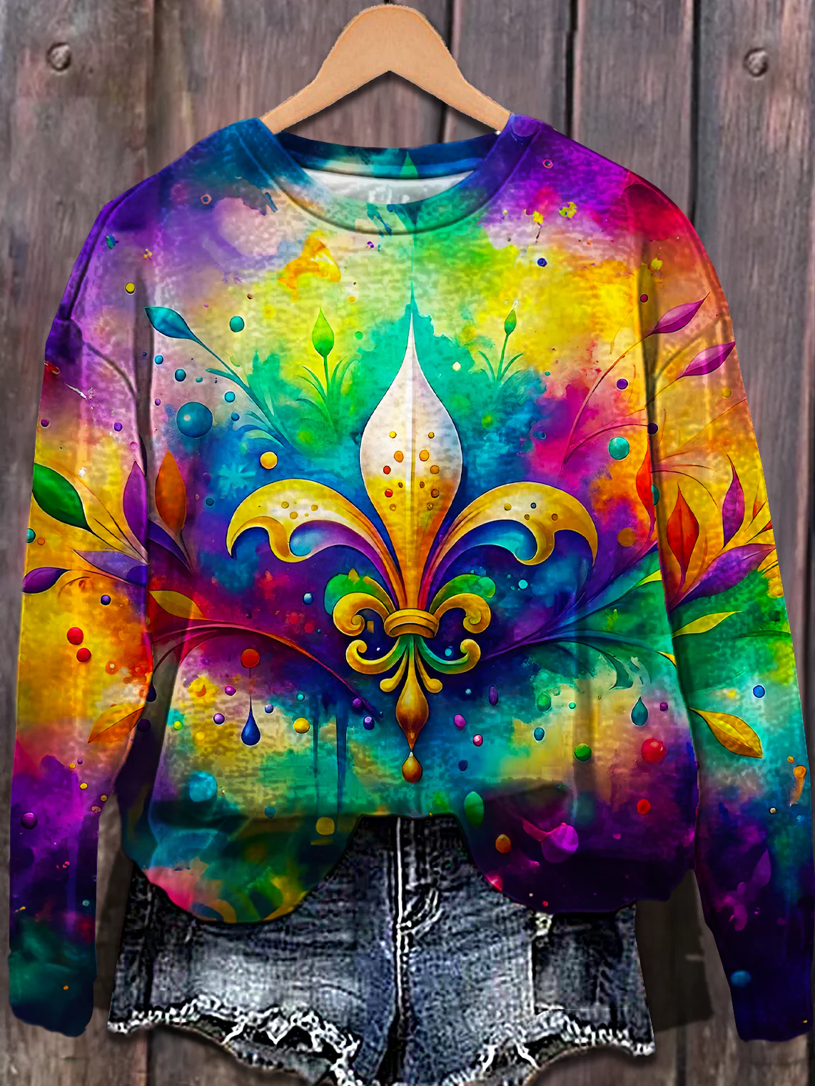 Tie-dye Colorful Mardi Gras Fleur De Lis Printed Long Sleeve Casual Top