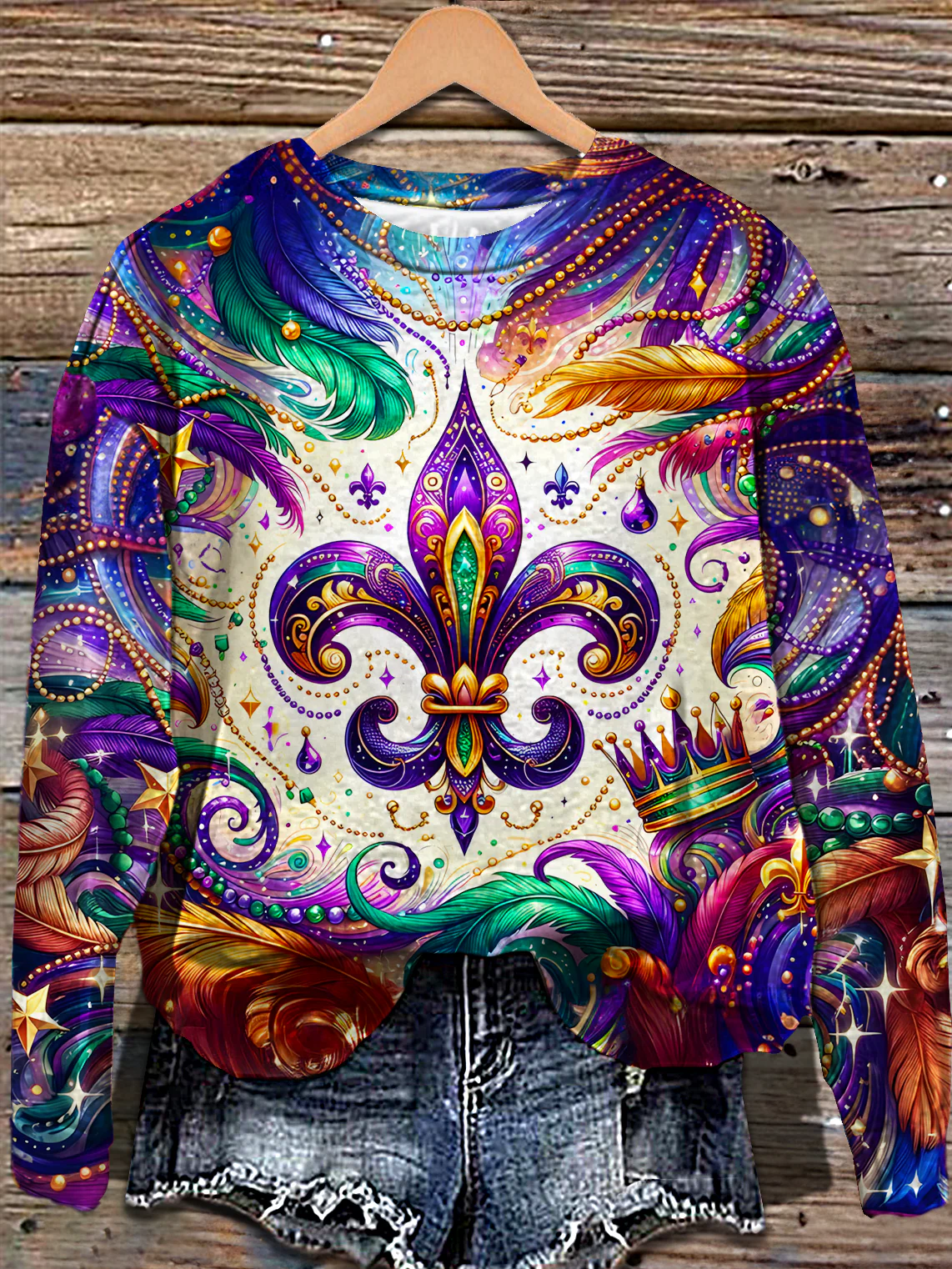 Tie Dye Fleur De Lis Mardi GrassPrinted Long Sleeve Casual Top