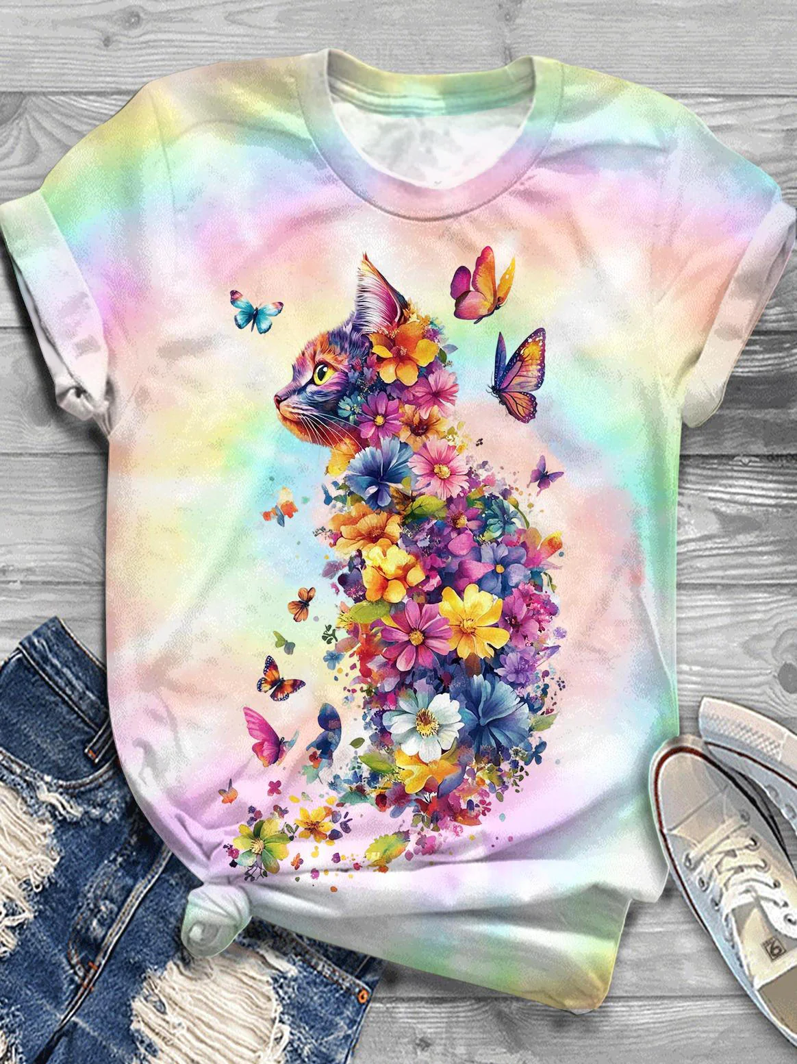Tie dye Flower Cat Crew Neck T-shirt
