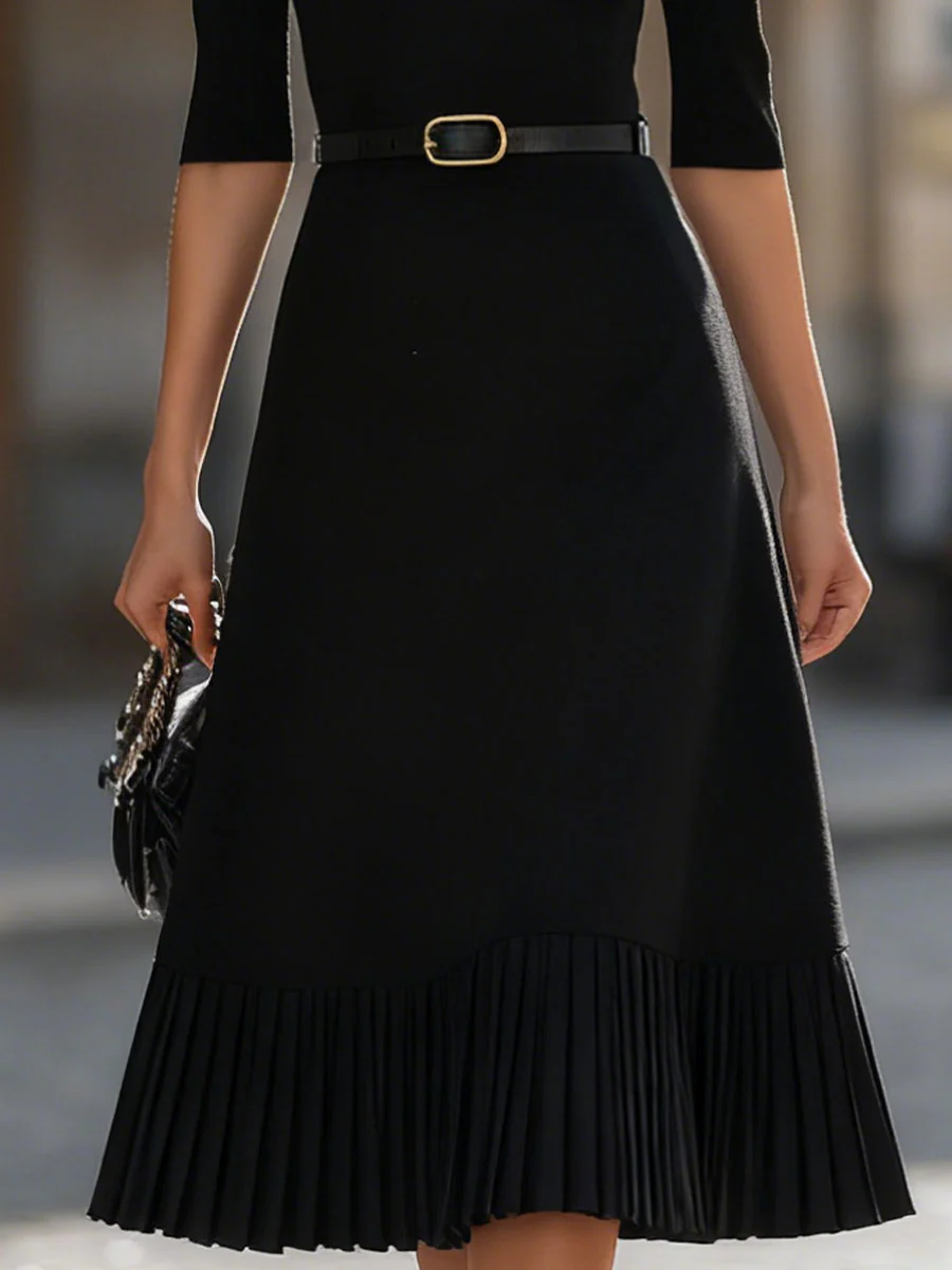 Timeless Black Mock Neck Pleated Midi Dress - Image 3