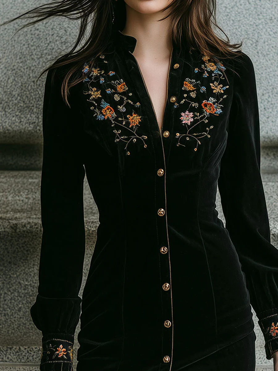 Timeless Boho Black Velvet Embroidered Mini Dress - Image 2